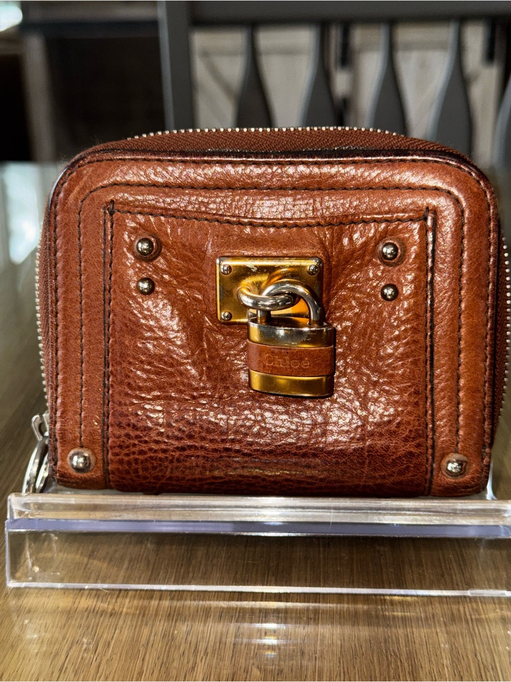 Chloe Brown Pebbled Leather Zip Wallet with Gold Padlock